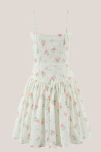 Robe blanche courte en coton à fines bretelles et imprimé floral rétro - Harana