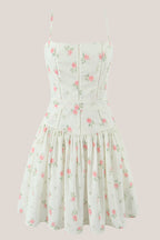 Robe blanche courte en coton à fines bretelles et imprimé floral rétro - Harana
