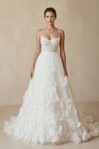 Robe de mariée blanche trapèze en dentelle bustier à fines bretelles - Harana