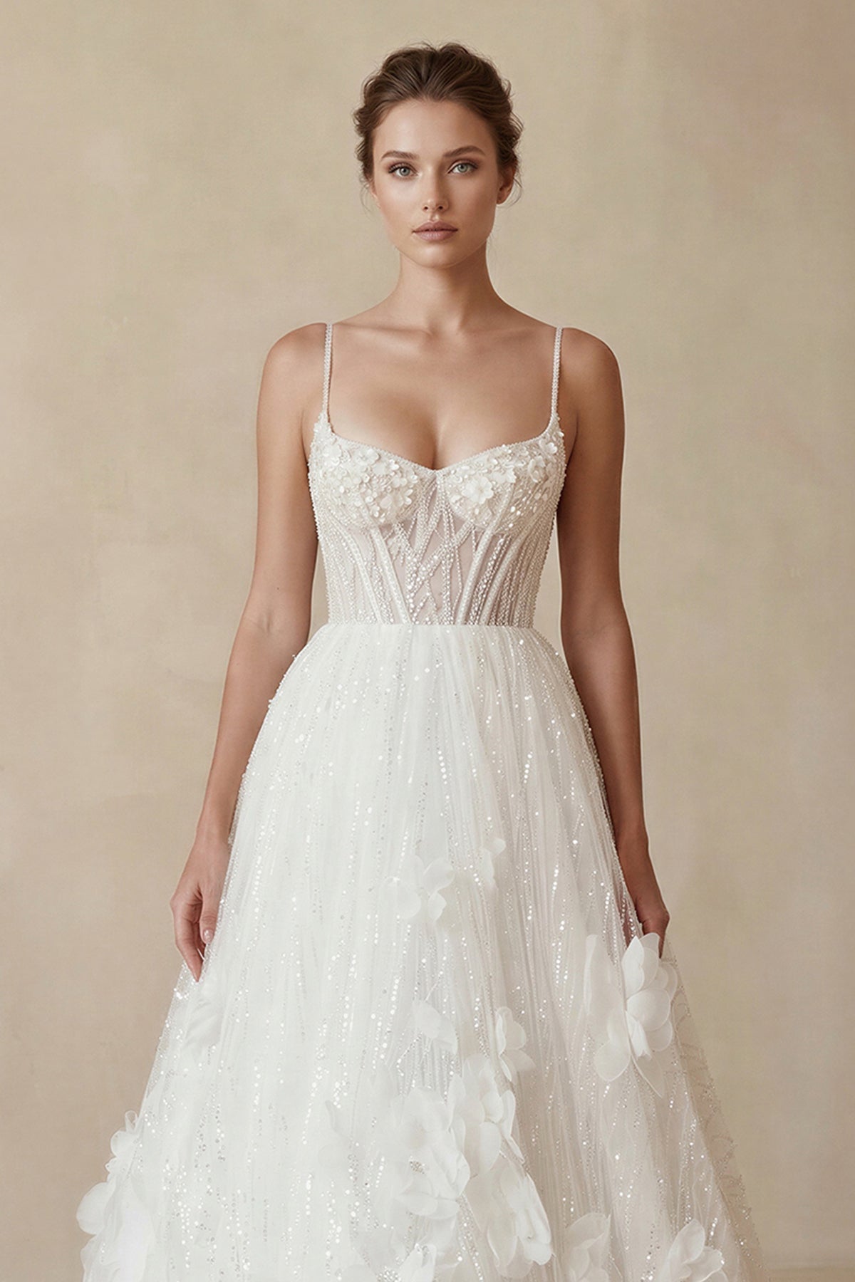 Robe de mariée blanche trapèze en dentelle bustier à fines bretelles - Harana