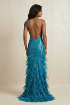Robe longue peacock pailletée coupe sirène à appliqués - Harana