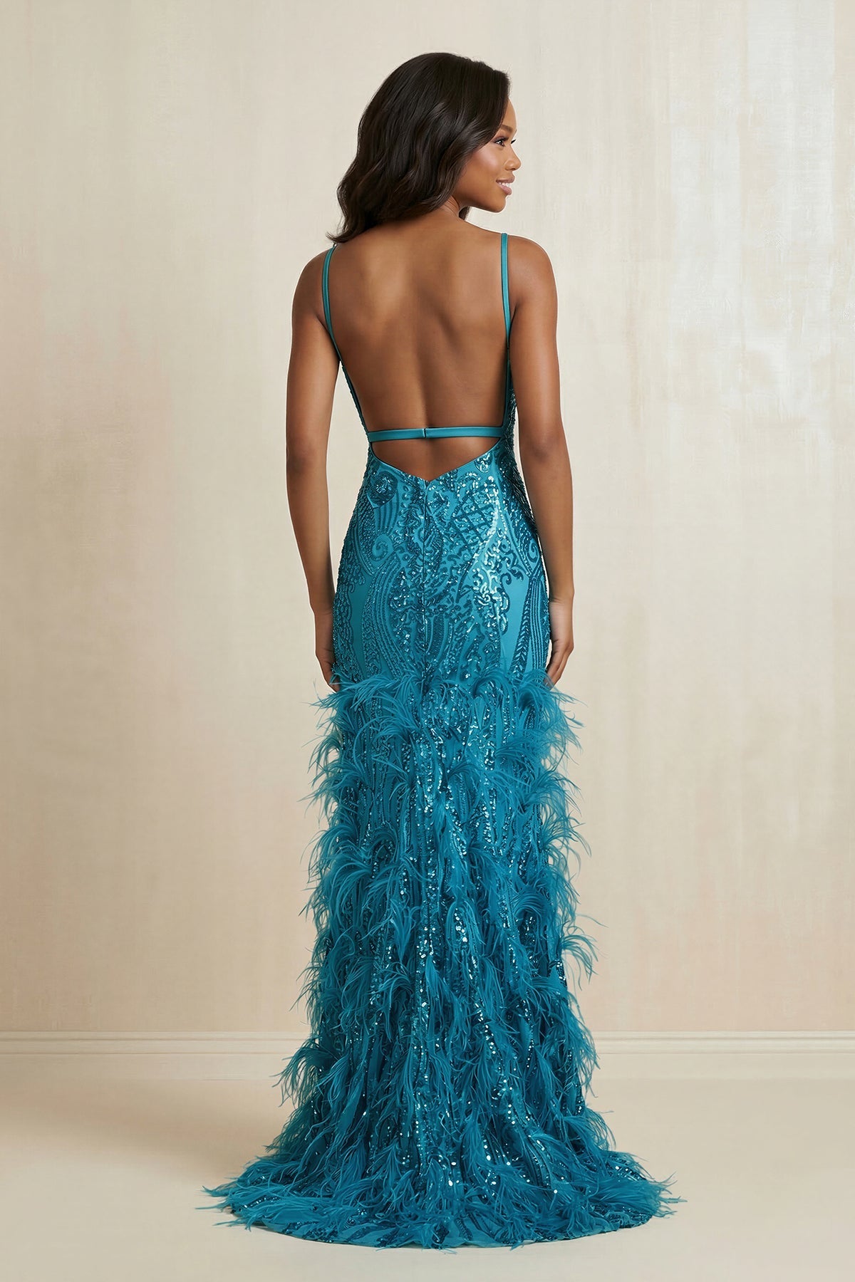 Robe longue peacock pailletée coupe sirène à appliqués - Harana