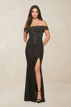 Robe de mariée noire coupe fourreau à épaules dénudées ornée de sequins - Harana