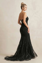 Robe longue noir en dentelle coupe sirène décolleté cœur à appliqués - Harana