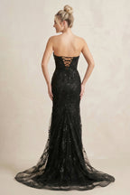 Robe longue noir en dentelle coupe sirène décolleté cœur à appliqués - Harana
