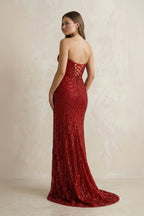 Robe longue rouge pailletée coupe sirène décolleté cœur - Harana