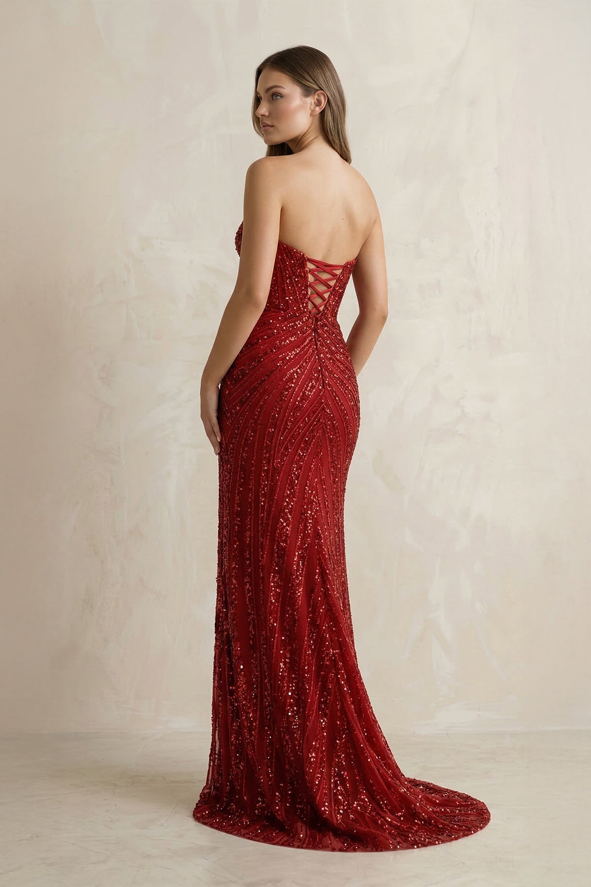 Robe longue rouge pailletée coupe sirène décolleté cœur - Harana