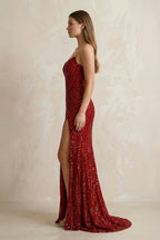 Robe longue rouge pailletée coupe sirène décolleté cœur - Harana