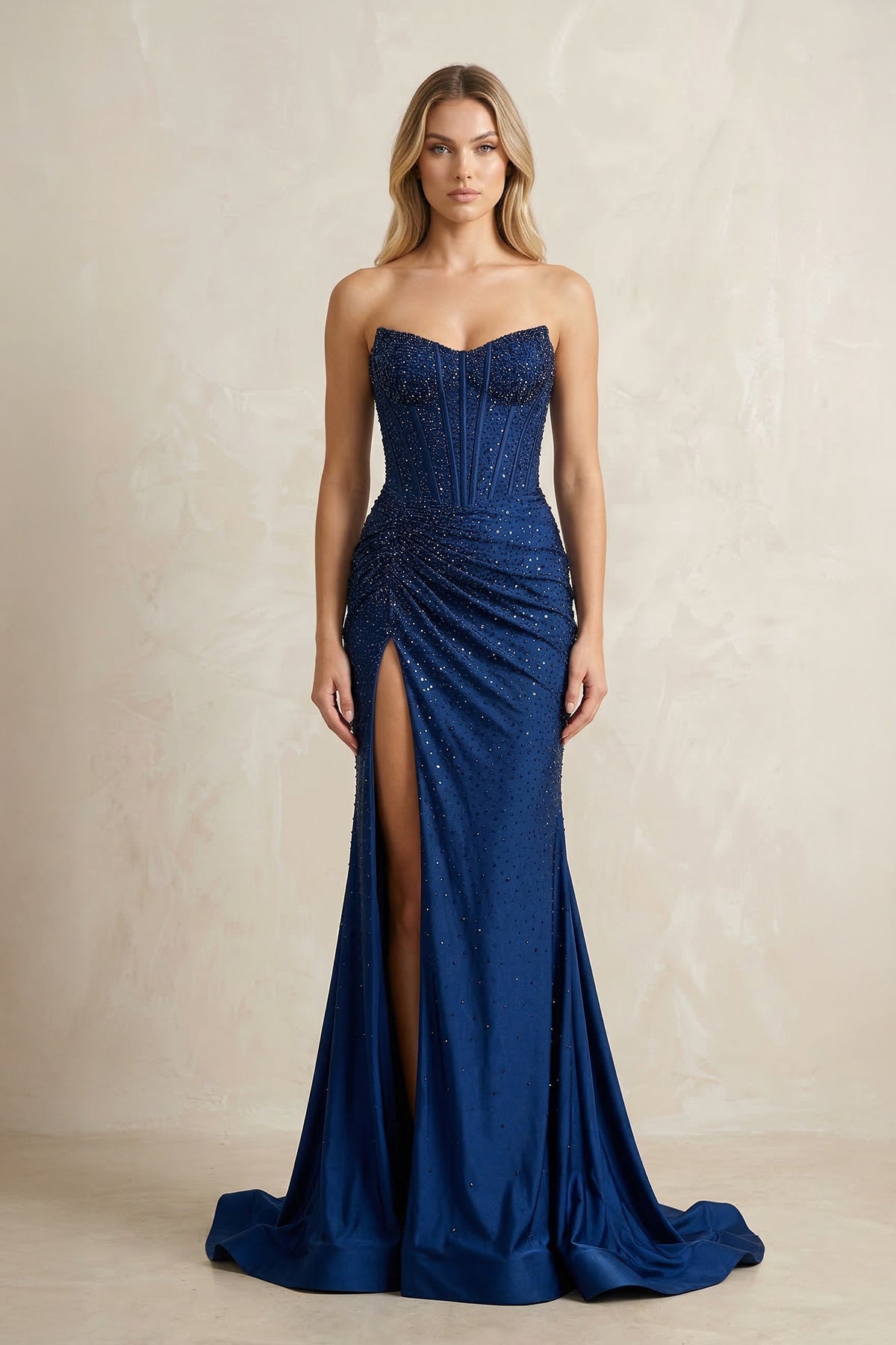 Robe longue bleu marine pailletée coupe sirène bustier à corset - Harana