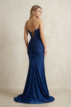 Robe longue bleu marine pailletée coupe sirène bustier à corset - Harana