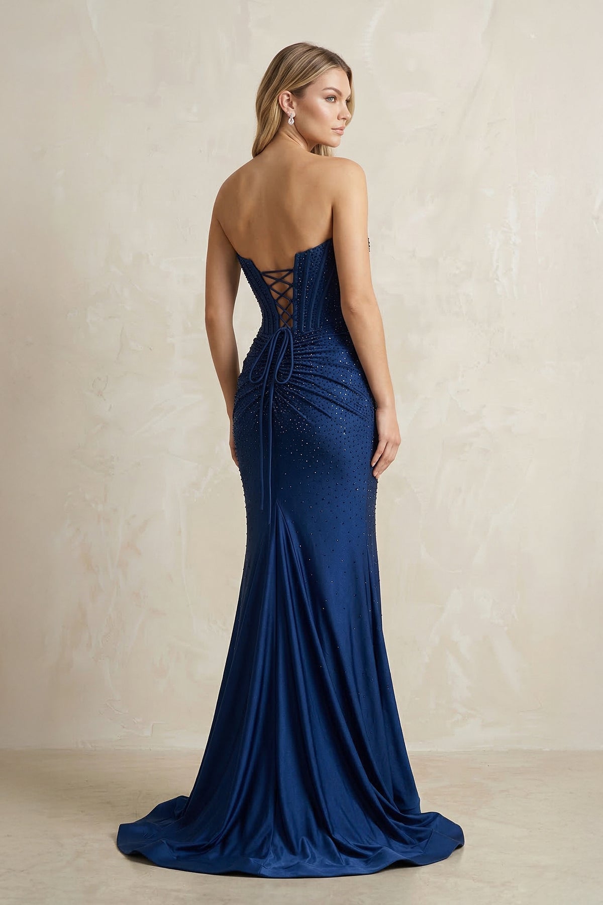 Robe longue bleu marine pailletée coupe sirène bustier à corset - Harana
