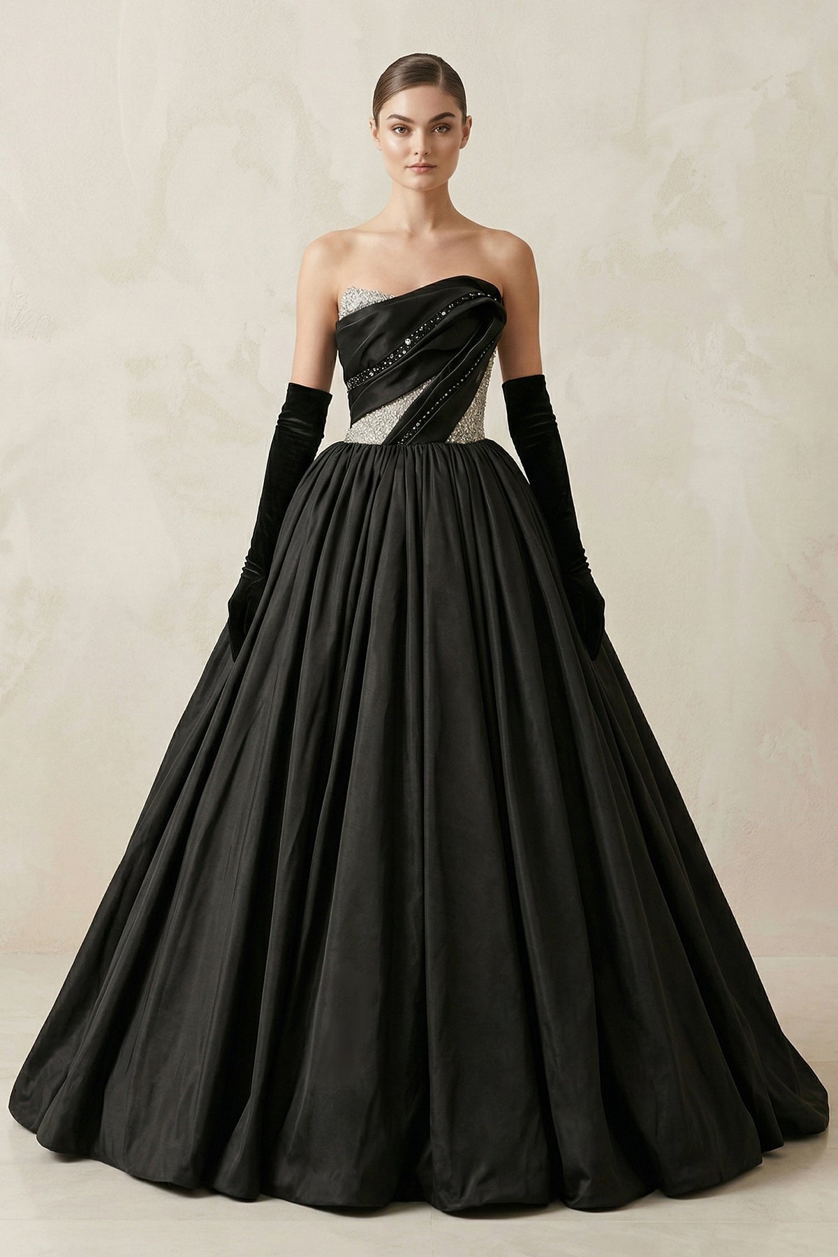 Robe de mariée noir longue bustier sans manches froncée - Harana