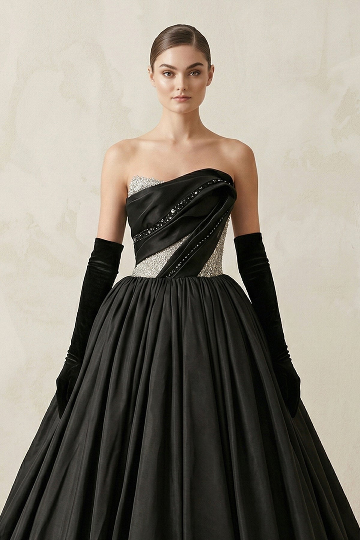 Robe de mariée noir longue bustier sans manches froncée - Harana
