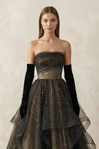 Robe de mariée noire trapèze en dentelle bustier manches longues - Harana