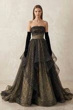 Robe de mariée noire trapèze en dentelle bustier manches longues - Harana