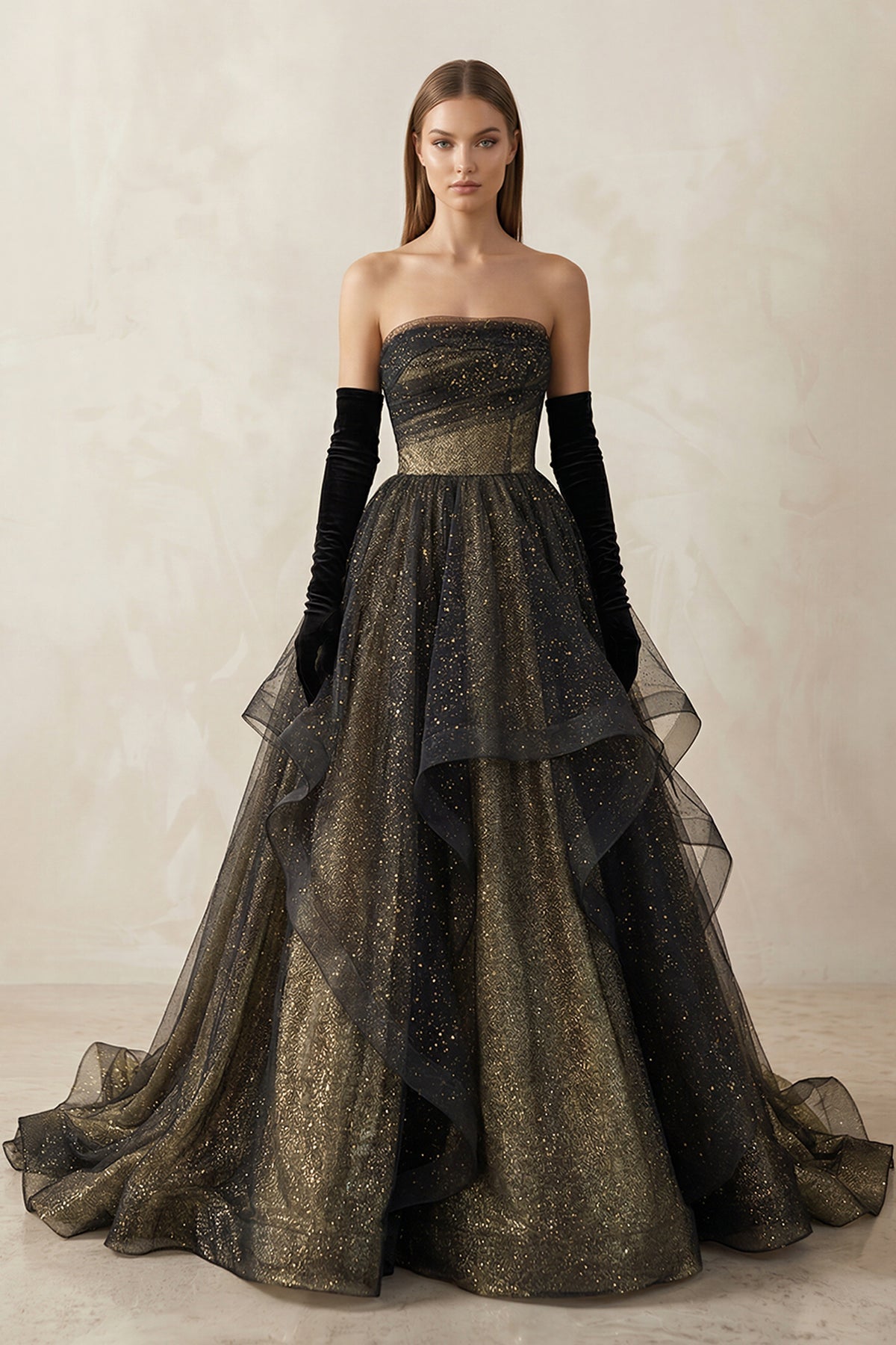 Robe de mariée noire trapèze en dentelle bustier manches longues - Harana