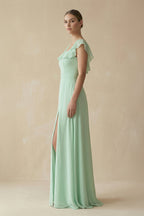 Robe demoiselle d’honneur pale pistachio longue sans manches avec fente effet drapé - Harana