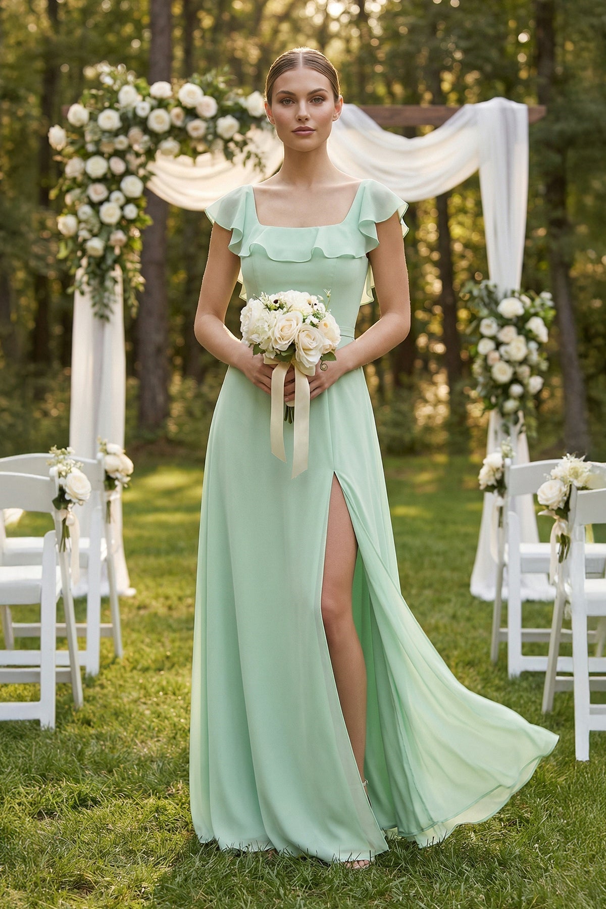 Robe demoiselle d’honneur pale pistachio longue sans manches avec fente effet drapé - Harana