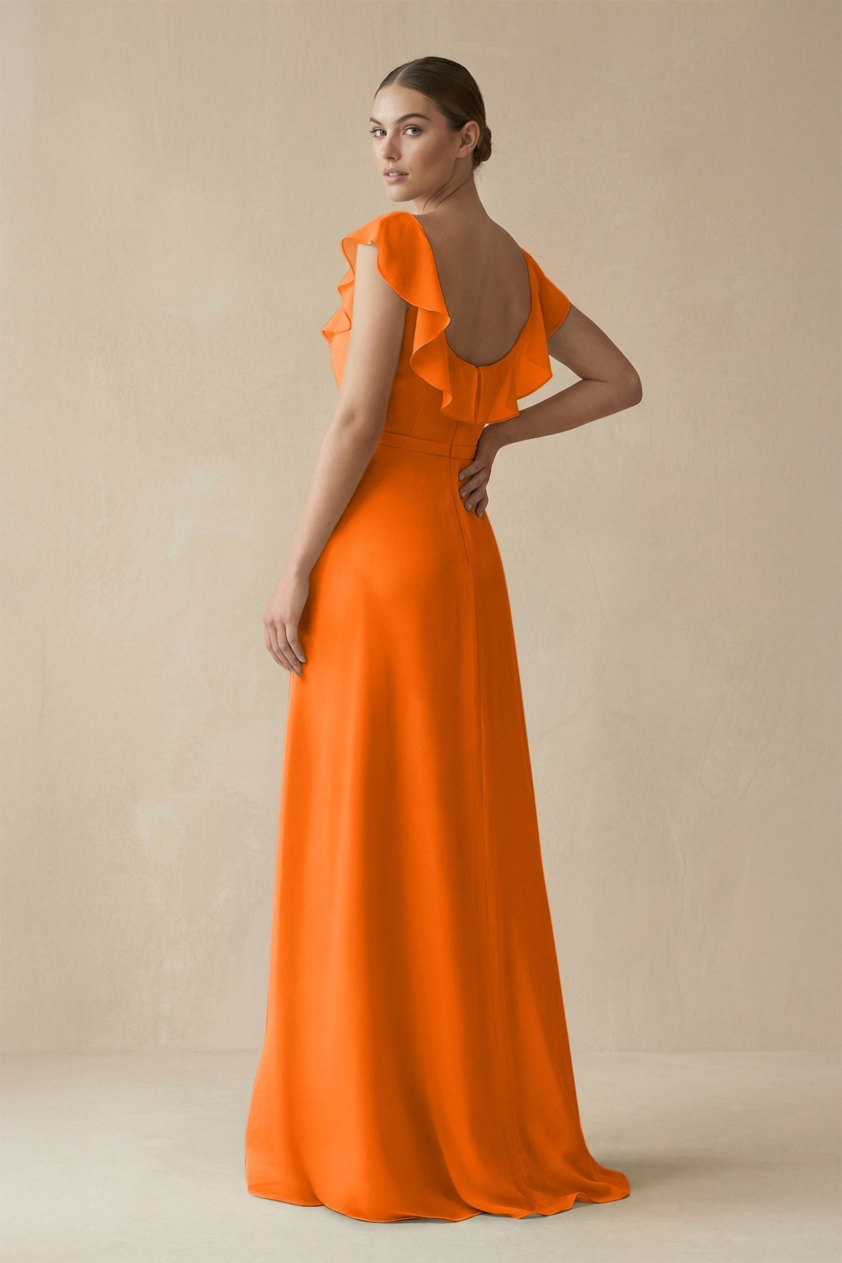 Robe longue orange coupe trapèze à volants col carré - Harana
