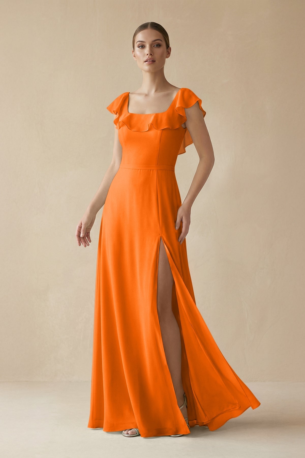 Robe longue orange coupe trapèze à volants col carré - Harana