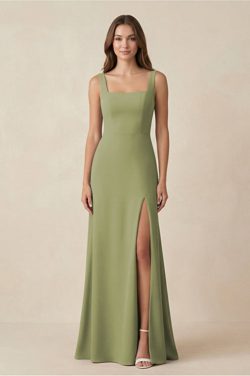 Robe de demoiselle d’honneur vert mousse longue coupe trapèze à encolure carrée avec fente - Harana