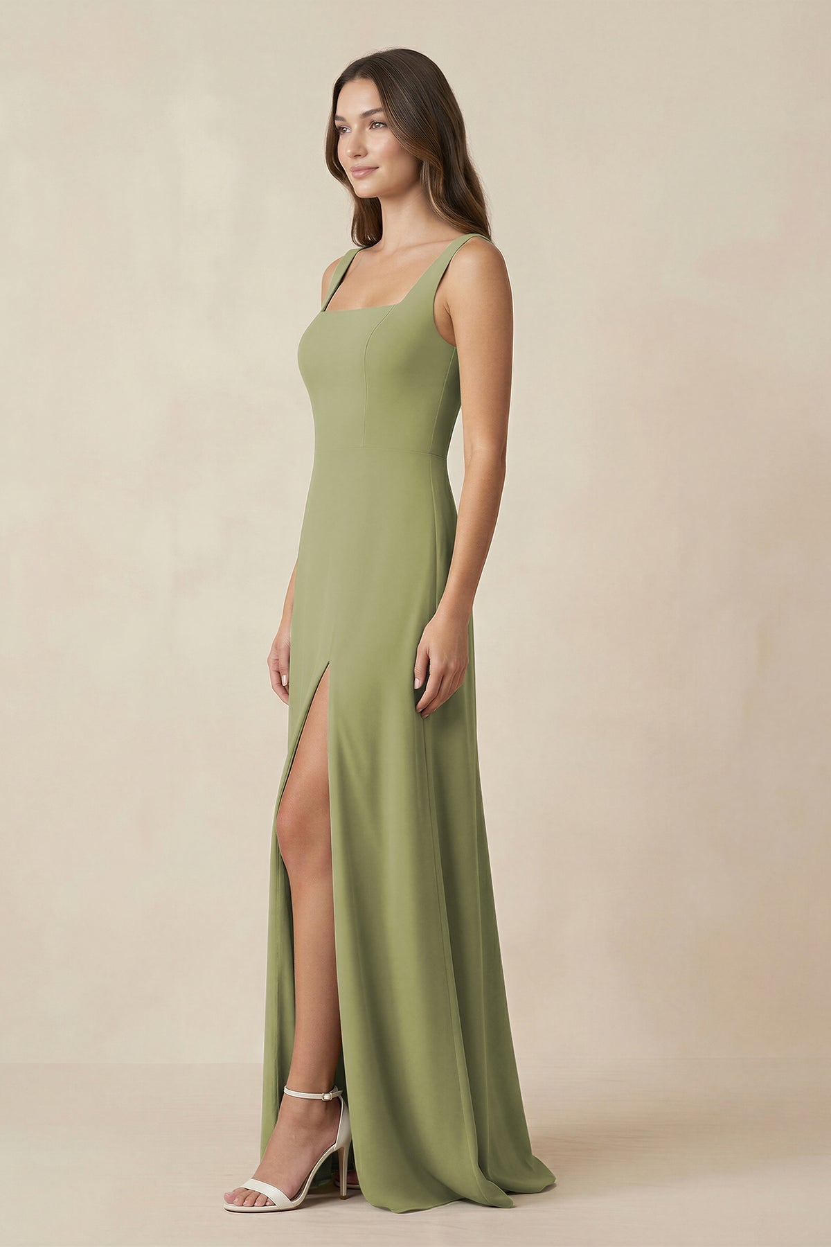 Robe demoiselle d’honneur moss green longue sans manches avec fente froncée - Harana