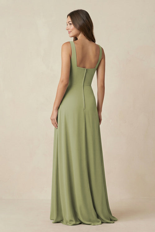 Robe de demoiselle d’honneur vert mousse longue coupe trapèze à encolure carrée avec fente - Harana