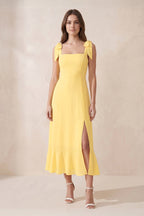 Robe jaune bouton-d’or midi en mousseline coupe trapèze à encolure carrée - Harana