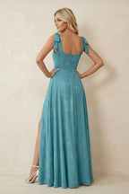Robe demoiselle d’honneur adriatic blue longue sans manches avec fente avec nœud - Harana
