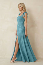 Robe demoiselle d’honneur adriatic blue longue sans manches avec fente avec nœud - Harana