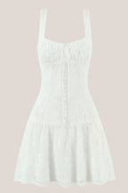 Robe blanche courte en dentelle et coton coupe trapèze à encolure carrée - Harana