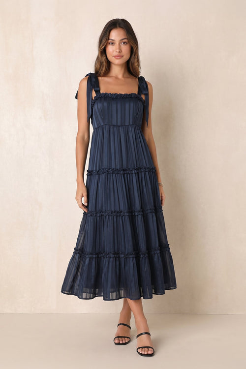 Robe bleu marine foncé midi coupe trapèze à encolure carrée plissée - Harana
