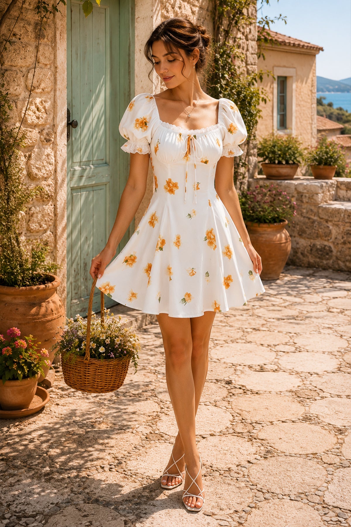 Robe blanche courte coupe trapèze à encolure carrée imprimée - Harana