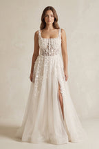 Robe de mariée ivoire trapèze en tulle sans manches avec fente - Harana