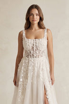 Robe de mariée ivoire trapèze en tulle sans manches avec fente - Harana