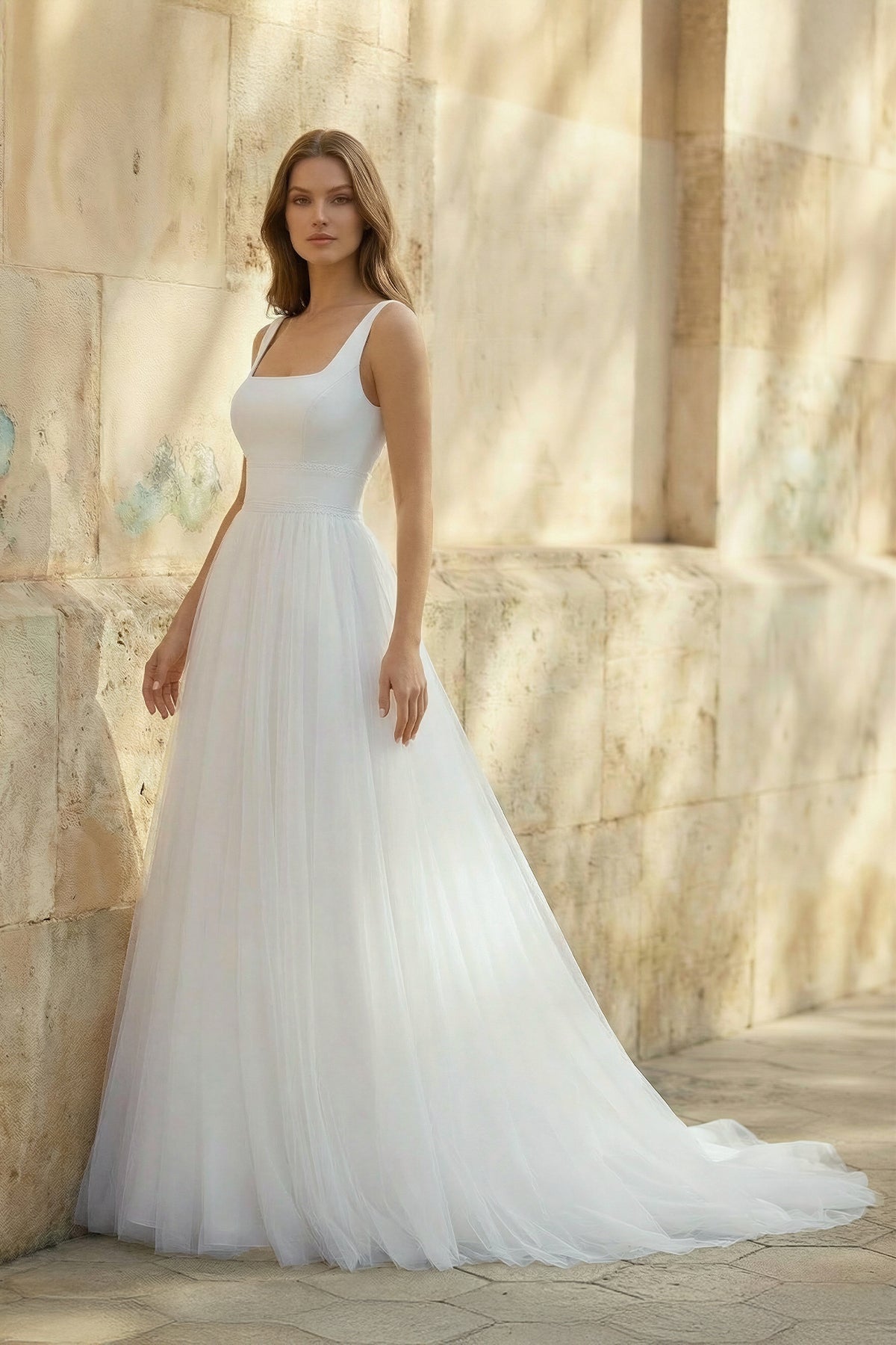 Robe de mariée blanche trapèze en tulle sans manches col carré - Harana
