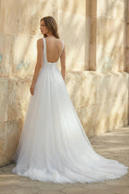 Robe de mariée blanche trapèze en tulle sans manches col carré - Harana