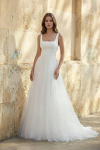 Robe de mariée blanche trapèze en tulle sans manches col carré - Harana