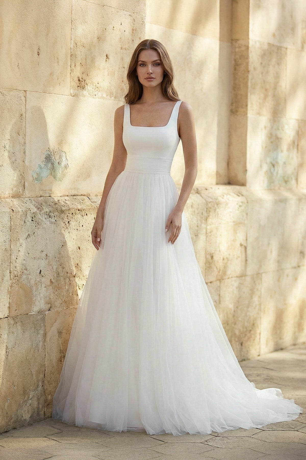 Robe de mariée blanche trapèze en tulle sans manches col carré - Harana