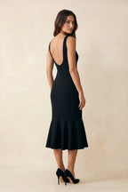 Robe noire midi coupe fourreau à encolure carrée dos nu - Harana