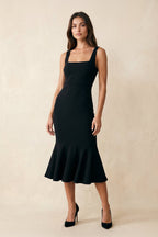 Robe noire midi coupe fourreau à encolure carrée dos nu - Harana