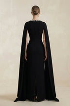 Robe de mariée noire satinée coupe fourreau à encolure carrée ornée de perles - Harana