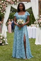 Robe demoiselle d’honneur adriatic blue longue avec fente à volants en mousseline - Harana