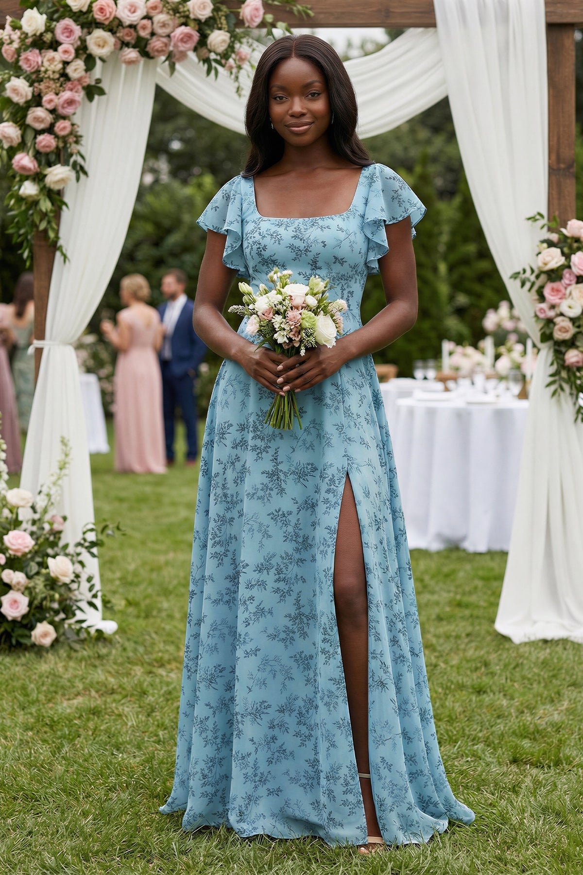 Robe demoiselle d’honneur adriatic blue longue avec fente à volants en mousseline - Harana