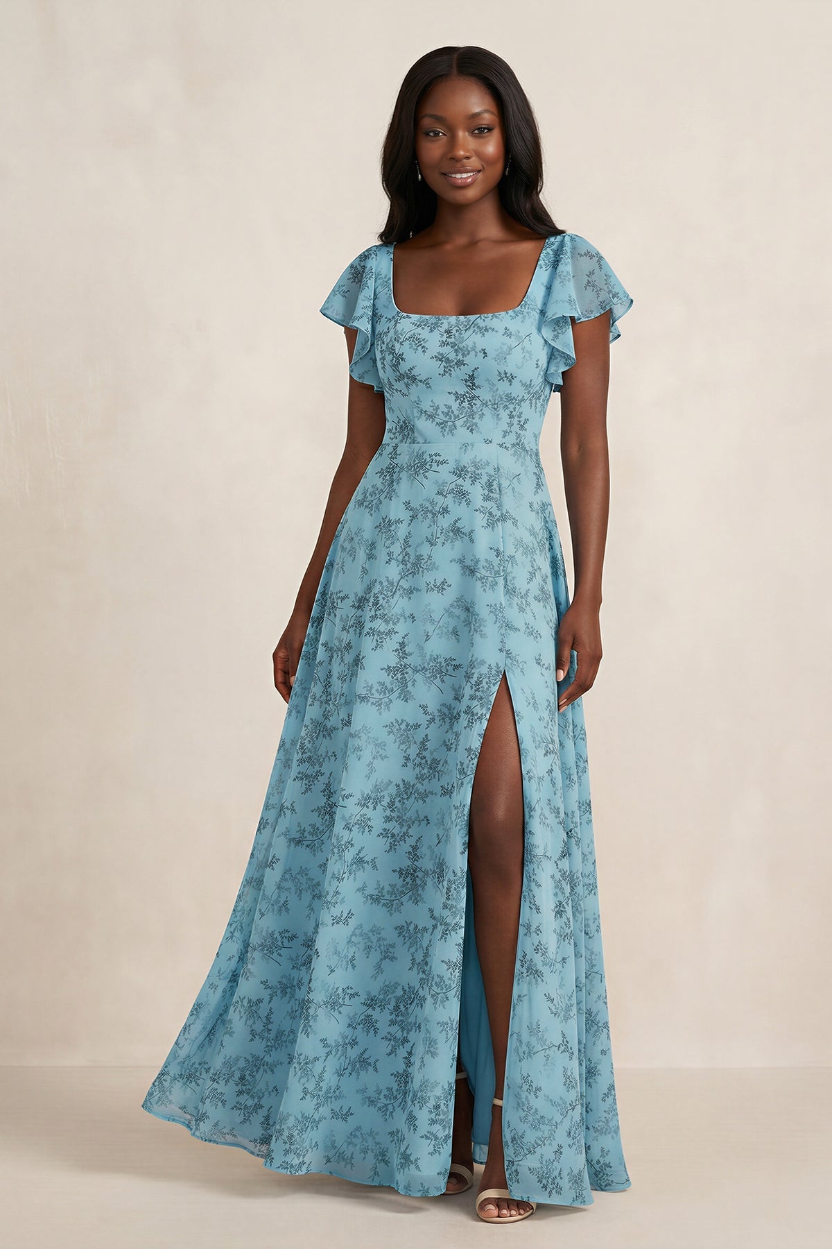 Robe demoiselle d’honneur adriatic blue longue avec fente à volants en mousseline - Harana