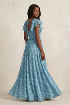 Robe demoiselle d’honneur adriatic blue longue avec fente à volants en mousseline - Harana