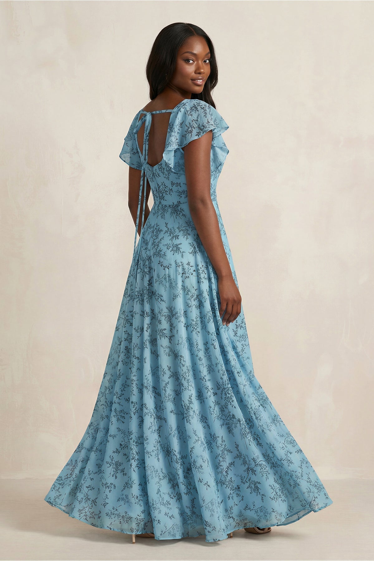 Robe demoiselle d’honneur adriatic blue longue avec fente à volants en mousseline - Harana