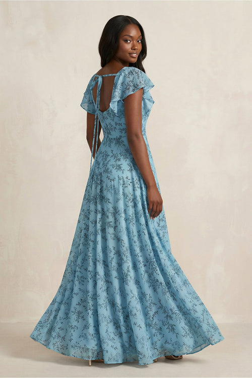 Robe de demoiselle d’honneur bleu adriatique longue en mousseline coupe trapèze à encolure carrée et manches courtes - Harana