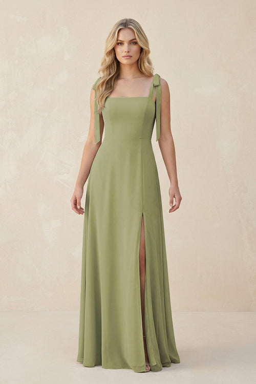 Robe de demoiselle d’honneur vert mousse longue en mousseline coupe trapèze à encolure carrée avec nœud - Harana