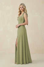 Robe demoiselle d’honneur moss green longue sans manches effet drapé avec nœud - Harana